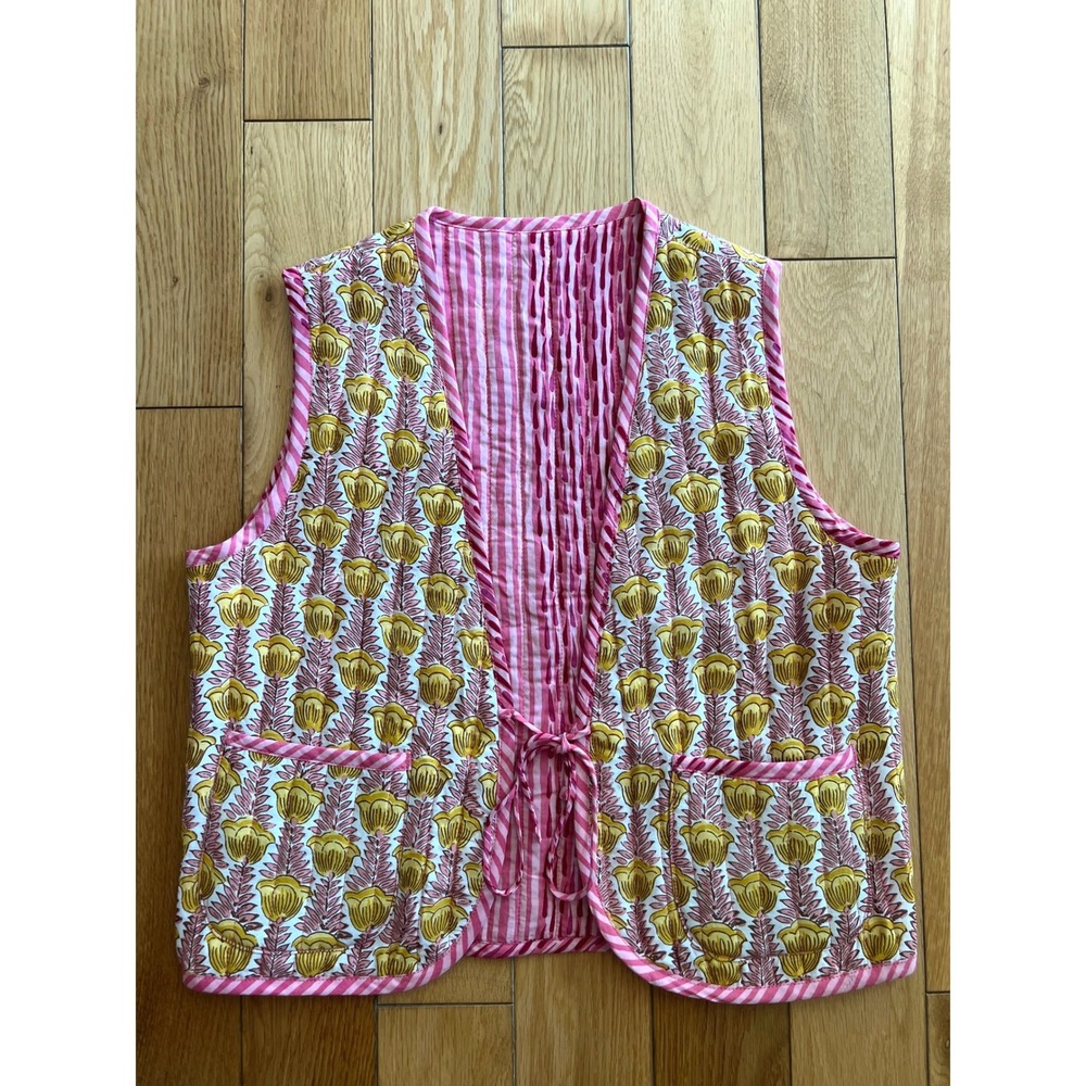 Natalie Martin Felicity Reversible Quilted Vest Yellow Pink Floral Boho Womens S
